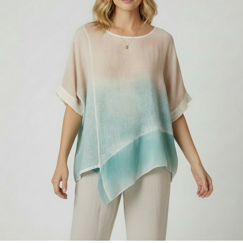 Belle France Linen Silk Watercolor Beachy Tunic Top L Coastal‎ Lagenlook Italy